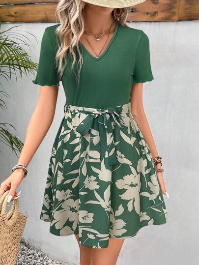 SHEIN Frenchy Floral Print Belted Bottom&Top Two Tone A Line Floral Print Dress Summer Green