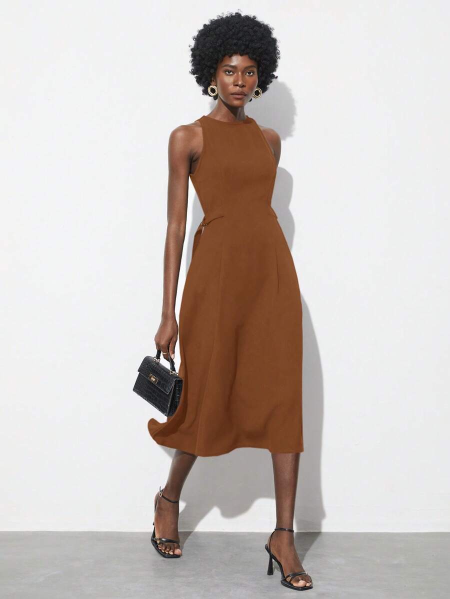 Maija 2025 夏季新款卡其色圆领无袖摆裙女士商务休闲日常通勤优雅海滩度假适合婚礼嘉宾乡村音乐节早午餐机场装复古 90 年代优雅女装 - 咖啡棕 - 查看 1