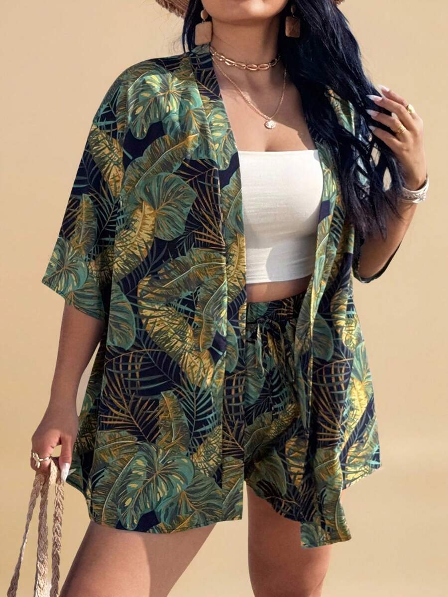 SHEIN VCAY 大码女式蓝叶印花和服衬衫和短裤套装，海滩度假装夏季