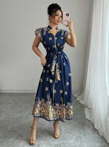 Elenzga Rochie de damă cu imprimeu floral, decolteu crăpat, volane, cu curea, stil de vacanță, vară