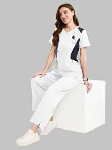 TaskEZ Contrast Color Short Sleeve Top And Long Pants Scrub Uniform Set,Summer,Rennaissance,Workwear,Nurse Workout Clothes Women Scrub Sets - White - View 6
