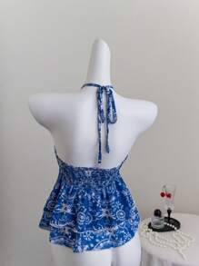 SHEIN Unity Cute Floral Print Tie Front Fashion Halter Neck Tank Top - Blue and White - View 2