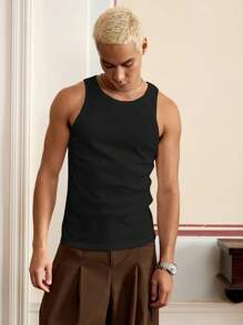 SWAVVY Men's Fashionable All-Match Casual Tight-Fitting Black Tank Top, Versatile And Fabric - Black - View 3