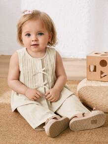 Cozy Pixies 2 pièces/Set Top sans manches à col ras-du-cou avec décoration nœud et pantalon à taille élastique pour bébé fille