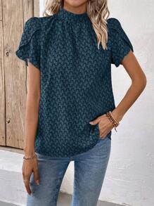 EMERY ROSE Women's Casual All Over Print Stand Collar Petal Sleeve Blouse, Summer - Blue - View 6