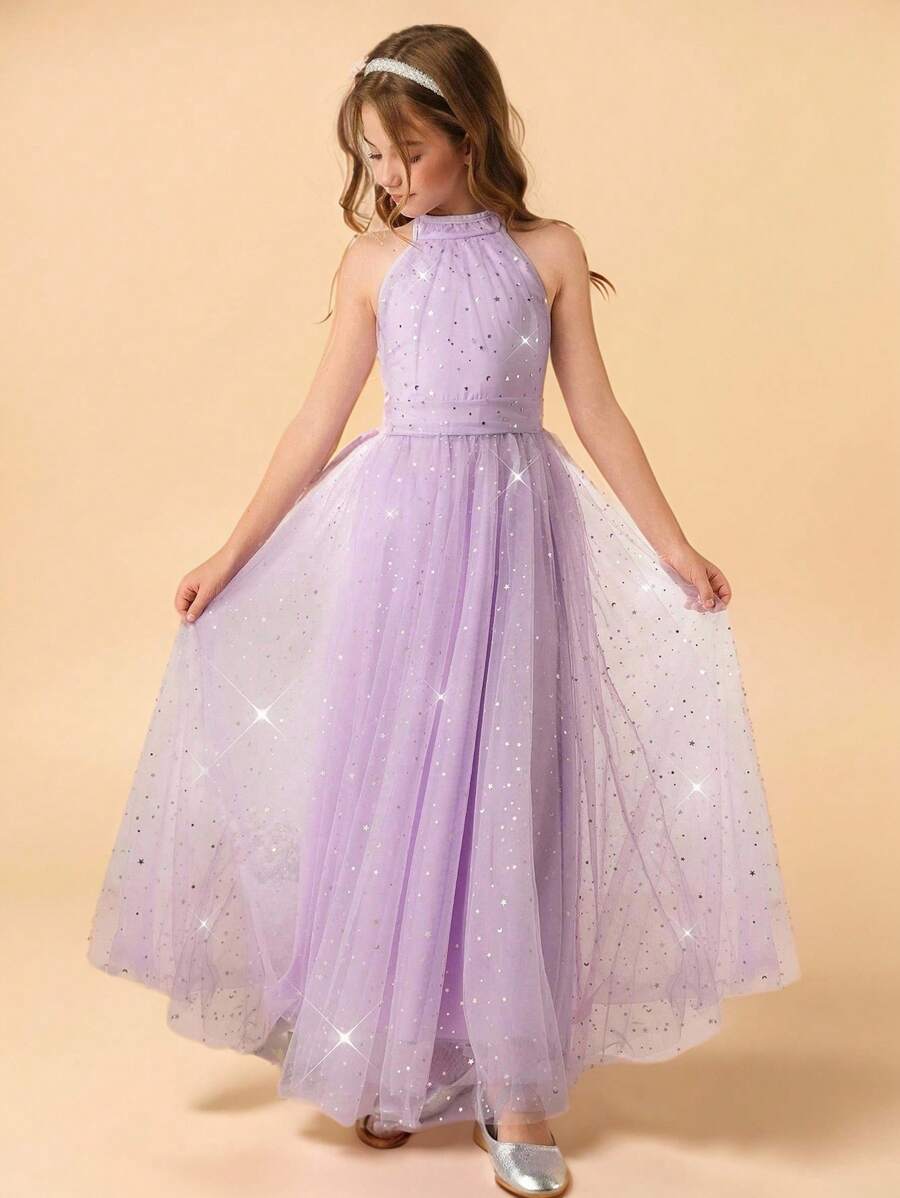 Vestido largo elegante con lentejuelas de red y corte A con escote de halter para niñas preadolescentes, adecuado para bodas, ceremonias, bailes, fiestas de cumpleaños - Púrpura malva - Ver 1