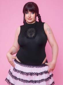 ROMWE Goth J-Fashion 女式加大码镂空刺绣交叉领无袖紧身衣 - 黑色 - 查看 2