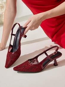 CUCCOO CHICEST CUCCOO Women's Burgundy Lace Backstrap High Heel Shoes, Suitable For Spring And Summer - Burgundy - View 7