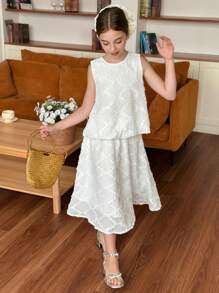 DAZY Ensemble tenue automne pour préadolescente : Top sans manches col rond pour fille + Jupe - Blanc - Voir 3