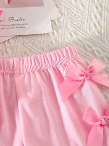 SHEIN 2件組女嬰粉色夏季可愛2歲生日服裝，圓領短袖蝴蝶結裝飾短版上衣與鬆緊腰短褲套裝，時尚海灘禮物 - 粉色 - 查看 6