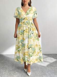 Firerie 大码休闲复古花朵图案宽松连衣裙，适合秋冬季 - 黃色 - 查看 3