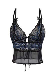 SHEIN Conjunto de pijama de camisola y shorts de encaje azul marino sexy - Negro - Ver 5