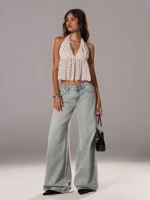 TRNVIE Polka Dot V-Neck Halter Women's Tank Top, Elegant Style For Spring/Summer