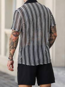 Manfinity CasualCool Bộ áo sơ mi tay ngắn in họa tiết thường ngày mùa hè dành cho nam và quần short - Đen và trắng - Xem 2
