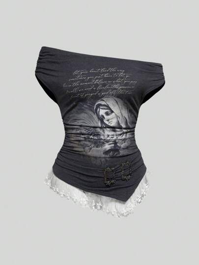 Grunge Punk Summer Festival Punk Portrait Silhouette Print Lace Patchwork Off Shoulder Slim Off-Shoulder Women T-Shirt