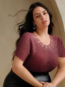 Anewsta 闪亮水钻装饰半透明优雅针织短袖上衣T恤衬衫