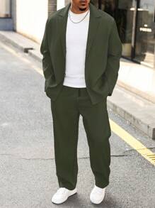 Manfinity Homme Übergröße Herren Einfarbiges Revershals-Raglanärmel-Freizeitjacken- und Hosen-Set, Herbstkleidung, gemütliche Outfits