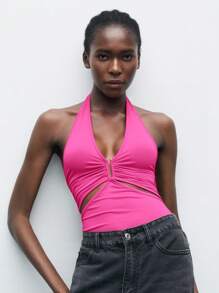 Maija Women's Black Laser Cut Waist Design Cruise Travel Bodysuit, Hollow-Out V-Neck Pleated Backless Sexy Summer Beach Dress,One Piece Swimsuit