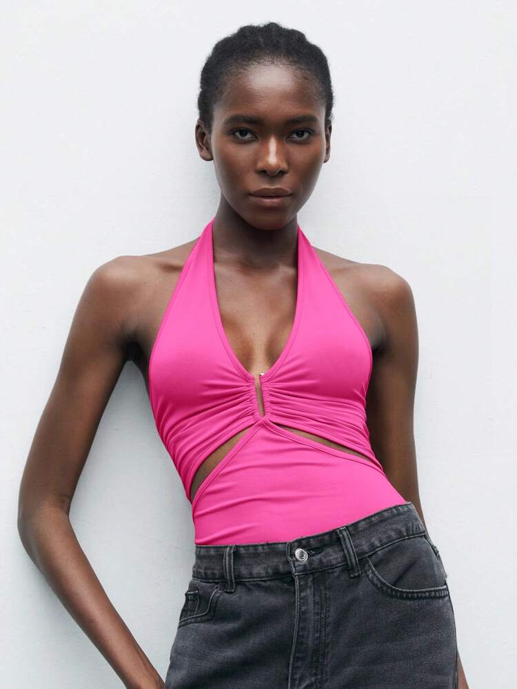 SHEIN Maija Women's Black Laser Cut Waist Design Cruise Travel Bodysuit, Hollow-Out V-Neck Pleated Backless Sexy Summer Beach Dress,One Piece Swimsuit