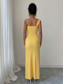 Elenzga Robe élégante à col drapé asymétrique avec volant, fendue, de couleur crème jaune - Jaune citron - Voir 2
