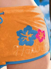 ROMWE Avant Gyaru Hawaii Beach Resort 可爱芙蓉和海豚印花女士运动短裤