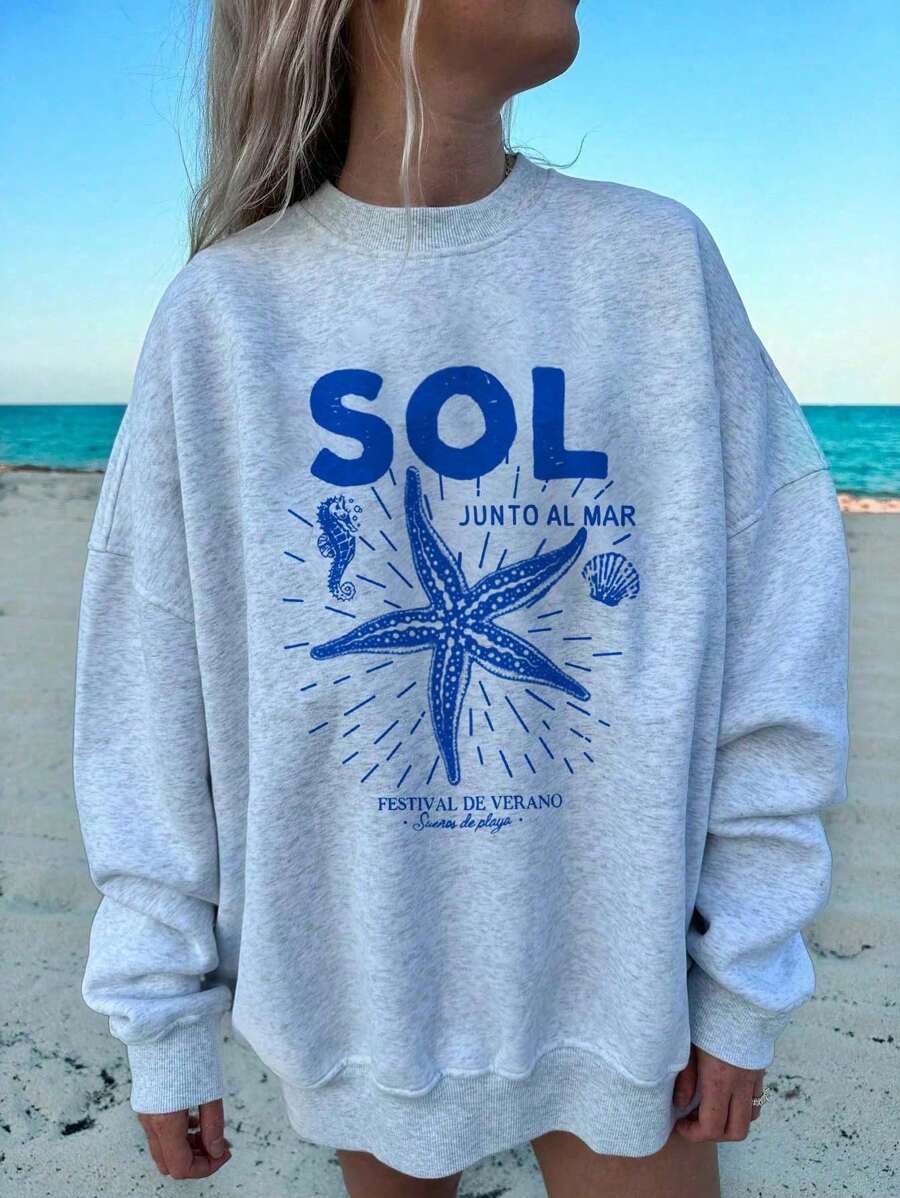 SHEIN EZwear 休闲简约海洋风格海星字母印花圆领宽松卫衣，适合春假、女生旅行、海滩 - 淺灰色 - 查看 1