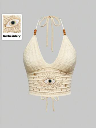 Hippie Top court tricoté de style bohème de vacances pour femme, avec appliqués brodés d'yeux, de lune et d'étoiles, et perles colorées