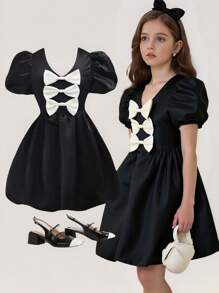 Girlism Rochie de mireasă din satin cu mâneci bufante și funde în culori contrastante pentru fete preadolescente, pentru cocktail, petrecere de absolvire, primăvară/vară; Rochie mini drăguță din satin cu decor cu funde - Negru - Vizualizare 1