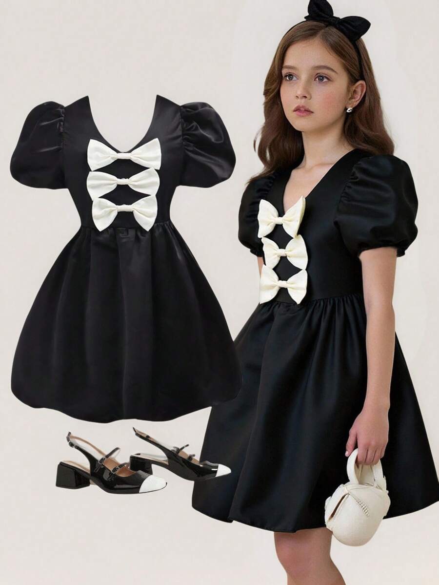 Girlism Rochie de mireasă din satin cu mâneci bufante și funde în culori contrastante pentru fete preadolescente, pentru cocktail, petrecere de absolvire, primăvară/vară; Rochie mini drăguță din satin cu decor cu funde - Negru - Vizualizare 1