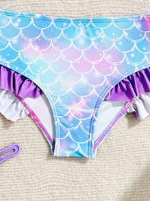 Bikini a stampa di sirena per ragazze giovani, con spalline a spaghetti e design con volant, combinando elementi carini e alla moda