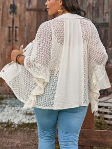 LanaWest Plus Size Apricot Lace Patchwork Ruffle Trim Open Front Casual Shirt - Apricot - View 2