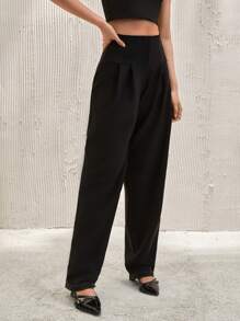 CLARA VERO Pantalones formales, diseño de cintura alta, detalle de frente plisado, pierna entallada, ropa de oficina, pantalones de vestir, estilo elegante, cierre con cremallera, material de mezcla de poliéster, look profesional, ajuste regular, corte clásico, adecuado para atuendo de negocios