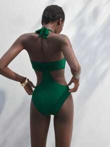 Maija Women's Solid Color Circular Ring Decor Hollow Sexy One-Piece,High Waisted Bathing Suit, Old Money - Green - View 3