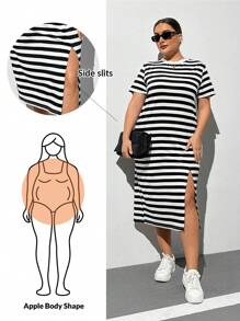 SHEIN Essnce Plus Size Women Spring/Summer Casual Loose Striped Split Hem Short Sleeve T-Shirt Dress
