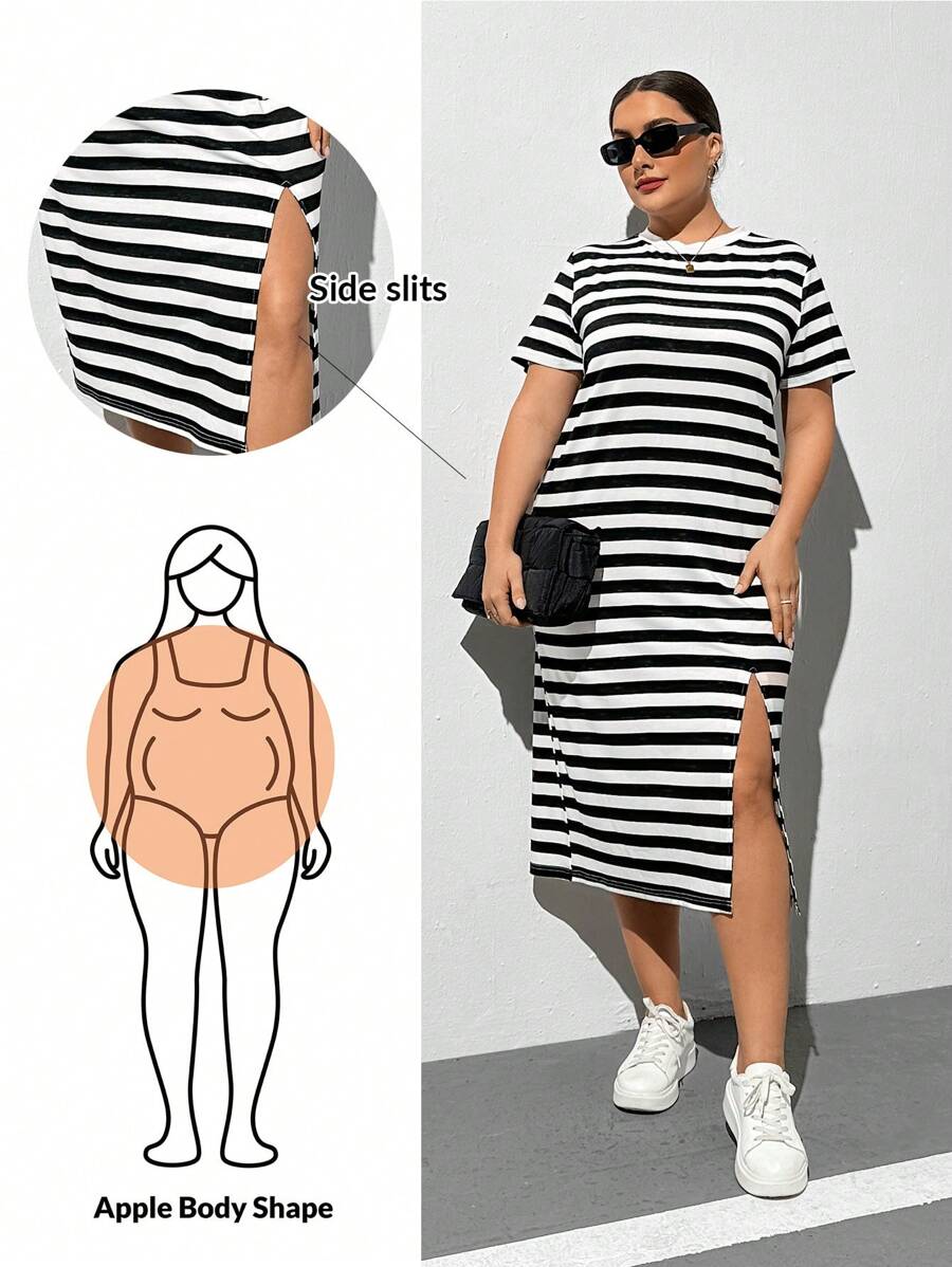 SHEIN Essnce Plus Size Women Spring/Summer Casual Loose Striped Split Hem Short Sleeve T-Shirt Dress