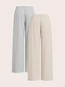 SHEIN EZwear 女式多色针织抽绳阔腿休闲裤 - 灰色 - 查看 2