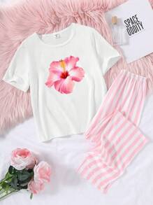 少女清新甜美花卉图案白色 T 恤搭配条纹慢跑裤，柔软针织面料休闲套装 - 粉色 - 查看 7