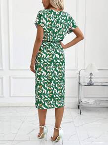 SHEIN Clasi Women Elegant Round Neck Floral Print Cinched Waist Midi Dress, Holiday Style - Green - View 2