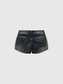 ROMWE Fairycore Women's Vintage Y2K Ultra Super Low Waist Super Short Distressed Wash Pocket Butterfly Pattern Rivet Denim Shorts - Blue - View 5