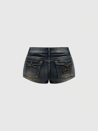 Fairycore Women's Vintage Y2K Ultra Low Waist Super Short Distressed Wash Pocket Butterfly Pattern Rivet Denim Shorts