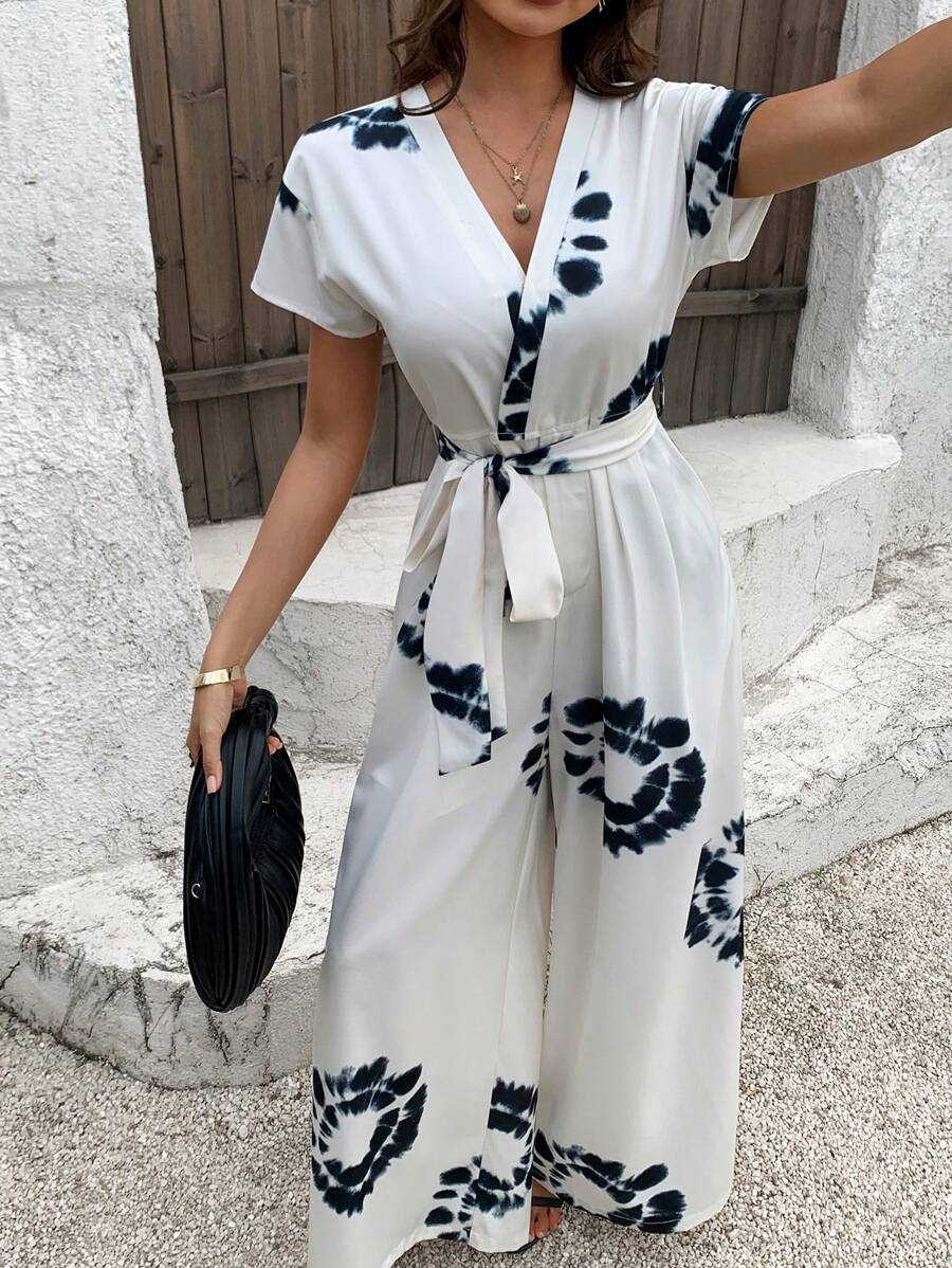 DAZY Women's Summer Tie-Dye Print Surplice Neck Belted Wide Leg Jumpsuit For Women Lounge Sets For Women - White - View 1