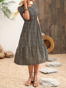 SHEIN LUNE Women's Fashionable Waist-Fitted Printed Short Sleeve Long Dress Maxi Women Outfit - Black - View 7