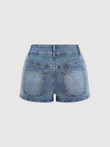 SHEIN MOD 女式花卉刺绣水钻装饰口袋牛仔短裤 - 淺色水洗藍 - 查看 2