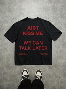 Manfinity ZONE917 Streetwear Casual Red Slogan Print Black Cotton Knit T-Shirt (Wide Design On Sleeve, Collar, Hem) - Black - View 5