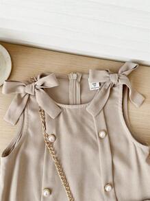 SHEIN LMoss Kids Vestido justo sem mangas com decote redondo e cor sólida para meninas - Caqui - Ver 4