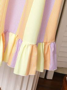 青少年女孩彩虹条纹印花无袖荷叶边下摆休闲夏季度假太阳裙