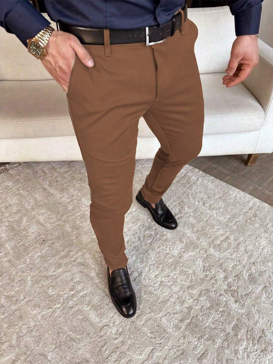 Calvornis 男士休闲纯色修身斜口袋西装裤，不含腰带男士裤子男士休闲裤男士棕色裤子 - 鏽棕色 - 查看 1