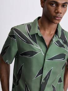 Maija Men's Leaf Print Single Breasted Short Sleeve Casual Shirt, Summer - Coffee Brown - View 6