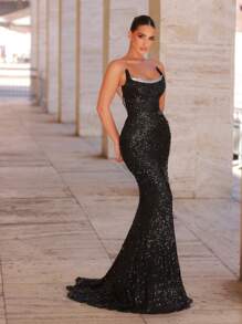 Glamrae 优雅浪漫的抹胸黑银弹力亮片刺绣前卫猫耳特殊形状领子鱼骨结构设计背部修身鱼尾礼服，适合晚宴、单身派对、约会、度假、返校季、毕业季、婚礼活动、重工业晚礼服（重工业风格）、正式、礼服、婚礼宾客、万圣节 - 黑與白 - 查看 7