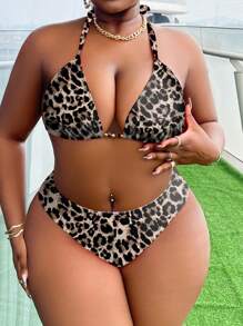Slaydiva 2件套加大码女式豹纹吊带三点式比基尼泳装